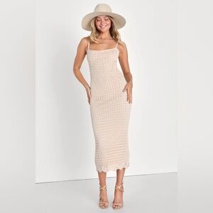 Ventura Vision Beige Crochet Lace-Up Midi Dress Medium